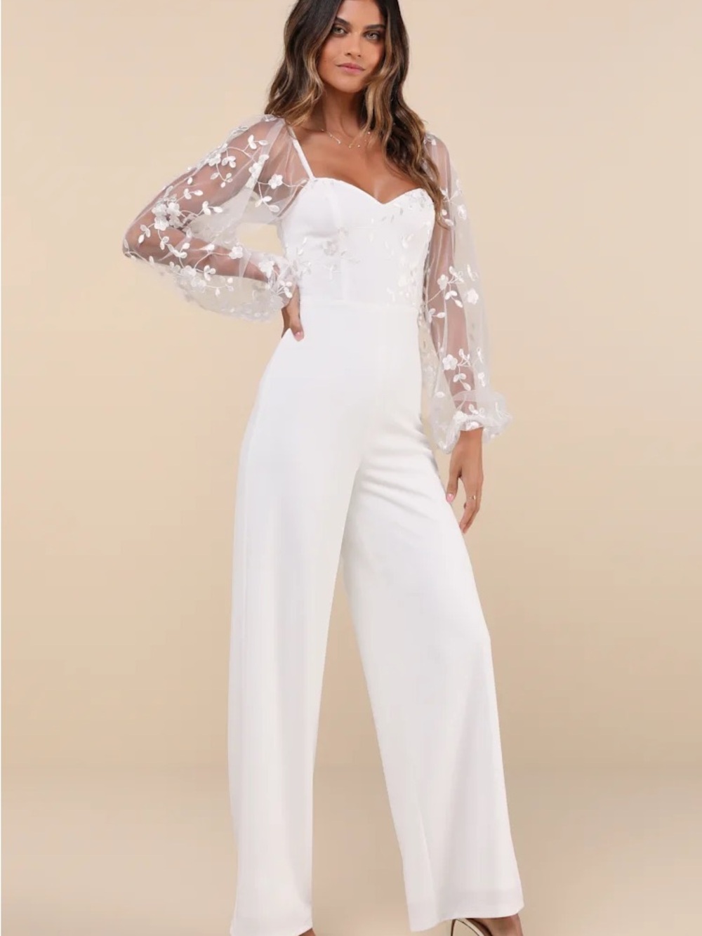 Lulu's Wedding White Floral-Embroidered Sheer-Sleeve Jumpsuit